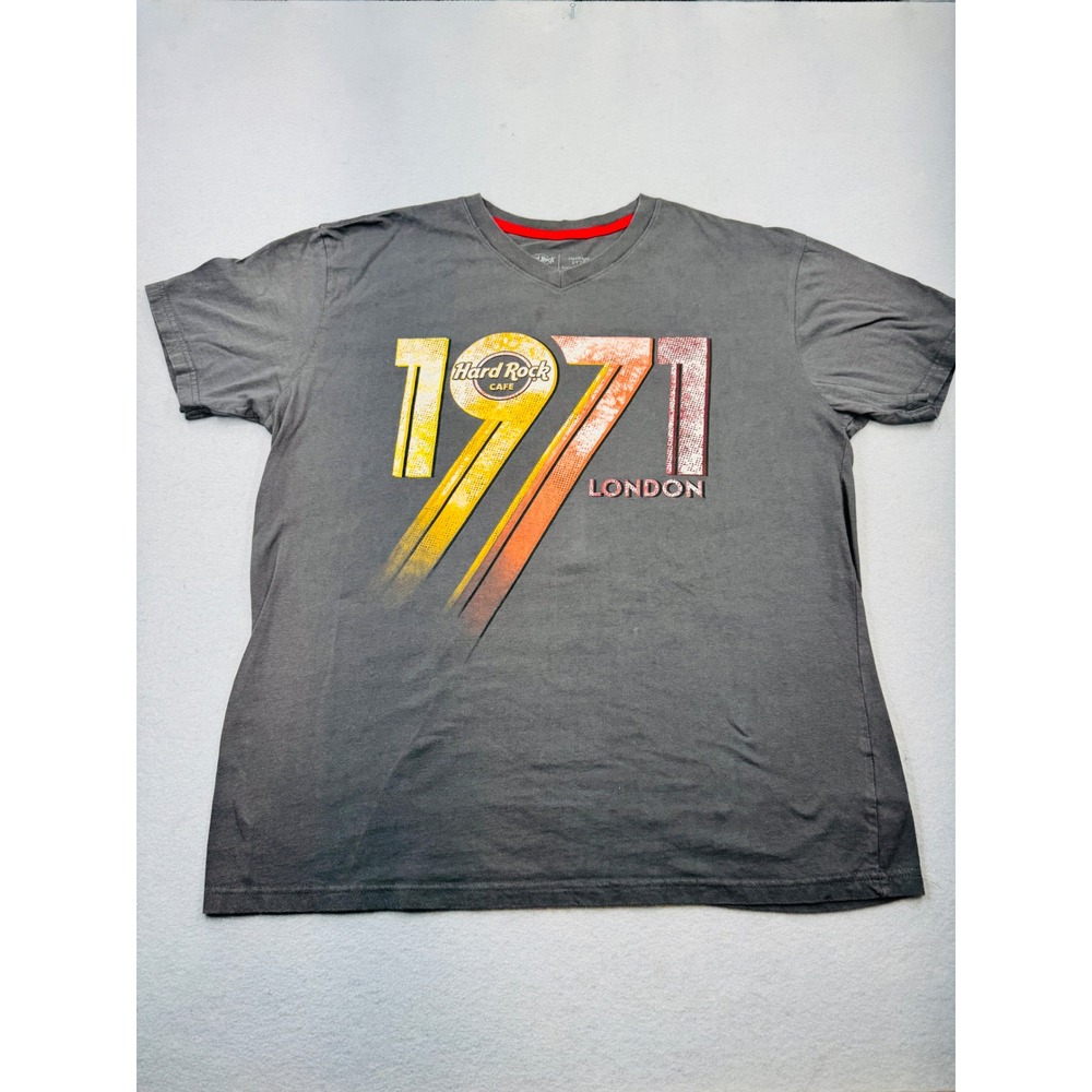 Hard Rock Cafe Heritage 1971 London V-Neck Graphic T-Shirt Gray Large